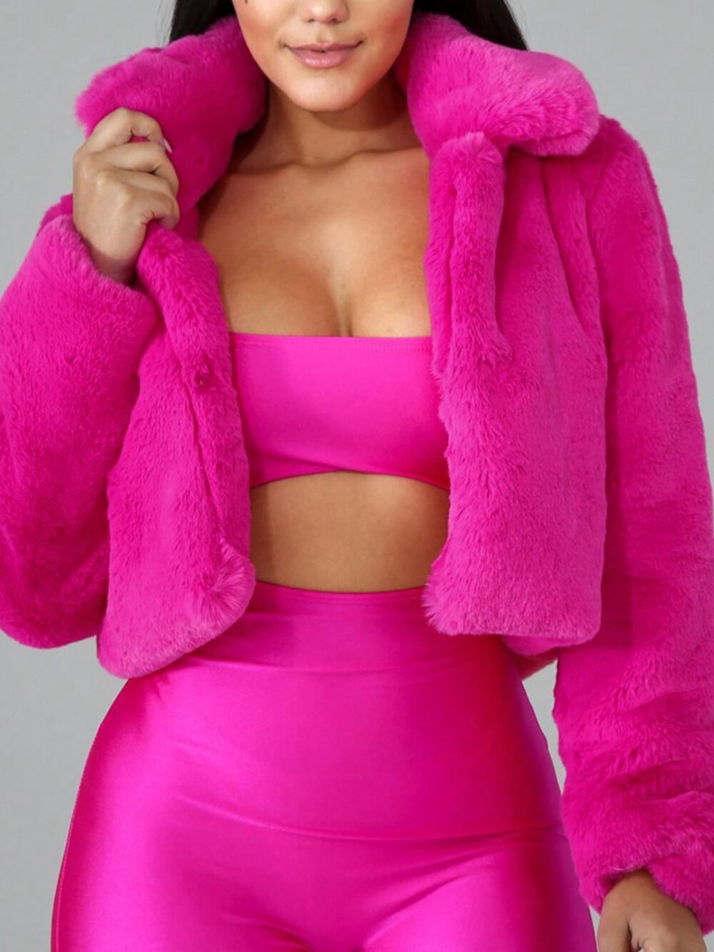Hot Pink Casual Women's Loose Cropped Plush Jacket